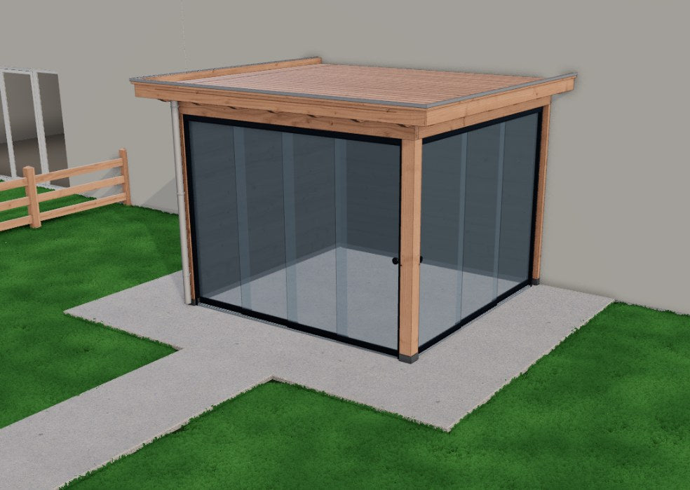 Douglas aanbouwveranda Elegante plat dak 320 x 310 cm met zwarte rabatwanden en glazen schuifwanden aan voorzijde en zijkant – YARD Outdoor