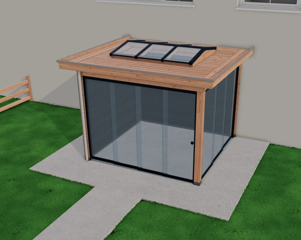 Douglas aanbouwveranda Elegante plat dak 320 x 310 cm met lichtstraat van gelaagd glas in het platte dak – YARD Outdoor