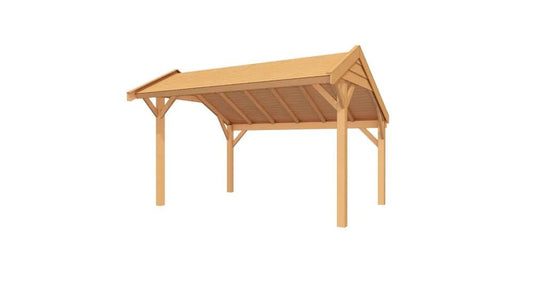 Douglas houten kapschuur Grandiose 400x250 in een sfeervolle tuin – robuuste houten overkapping met asymmetrisch dak, perfect voor een landelijke buitenruimte.