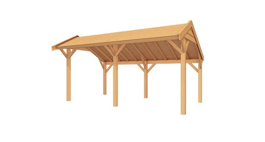 Douglas kapschuur Grandiose 500x250 in een sfeervolle tuin, met asymmetrisch dak en robuuste houtconstructie.