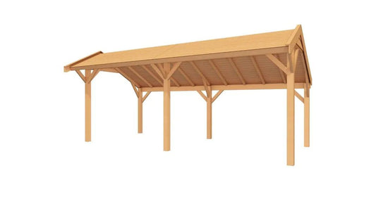 Grote Douglas houten kapschuur Grandiose 600x250 in een landelijke tuin – stijlvol en functioneel als opslag of overdekte lounge.