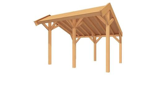 Douglas kapschuur overkapping 400x300 zonder wanden – open bouwpakket van YARD Outdoor met kapschuurdak en robuuste douglas palen