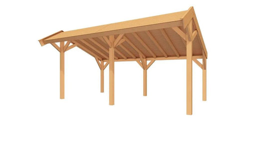 Douglas houten kapschuur Sublime 600x300 met karakteristiek asymmetrisch dak, sfeervol geplaatst in een ruime tuin.