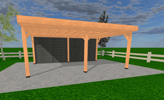 Vooraanzicht van Douglas houten overkapping Sublime 600x400 cm met zwarte achterwand en plat EPDM dak.