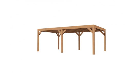 Stijlvolle Douglas houten overkapping Cubique 400x300 met plat dak, perfect als vrijstaand paviljoen in een strakke tuin.