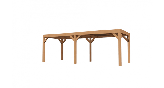 Douglas houten overkapping Cubique 500x250 in een moderne tuin, ideaal als luxe lounge of buitenkeuken.