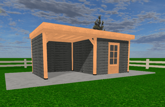 Binnenkant van de Douglas overkapping met schuur – sfeervol en ruimtelijk ontwerp met hoogwaardige afwerking en een afsluitbare houten deur.