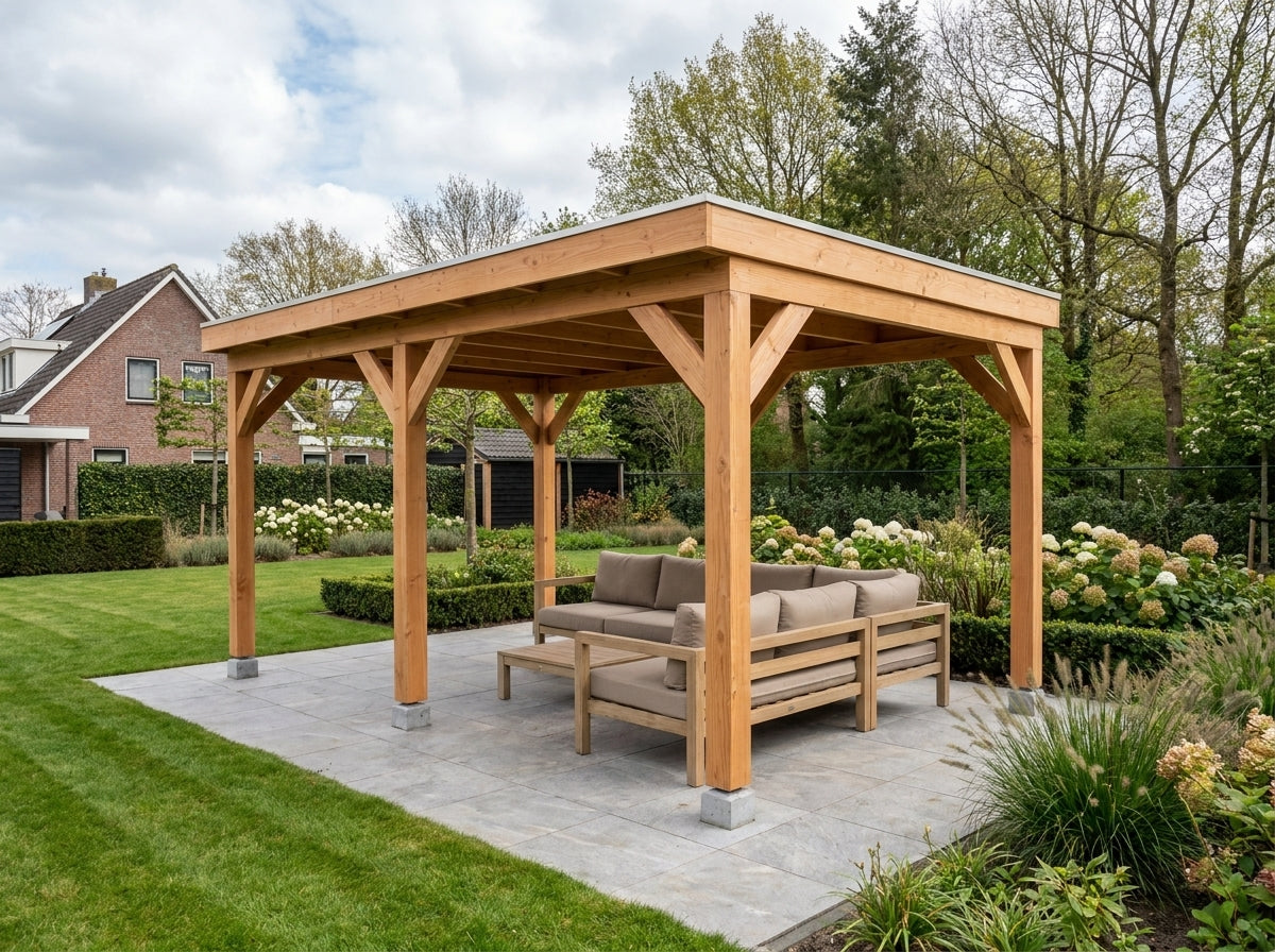 Douglas houten overkapping plat dak Grandiose YARD Outdoor 500x270 - Met Zweeds rabat wanden