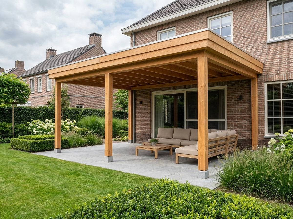 Douglas houten overkapping plat dak Grandiose YARD Outdoor 500x270 - Met Zweeds rabat wanden