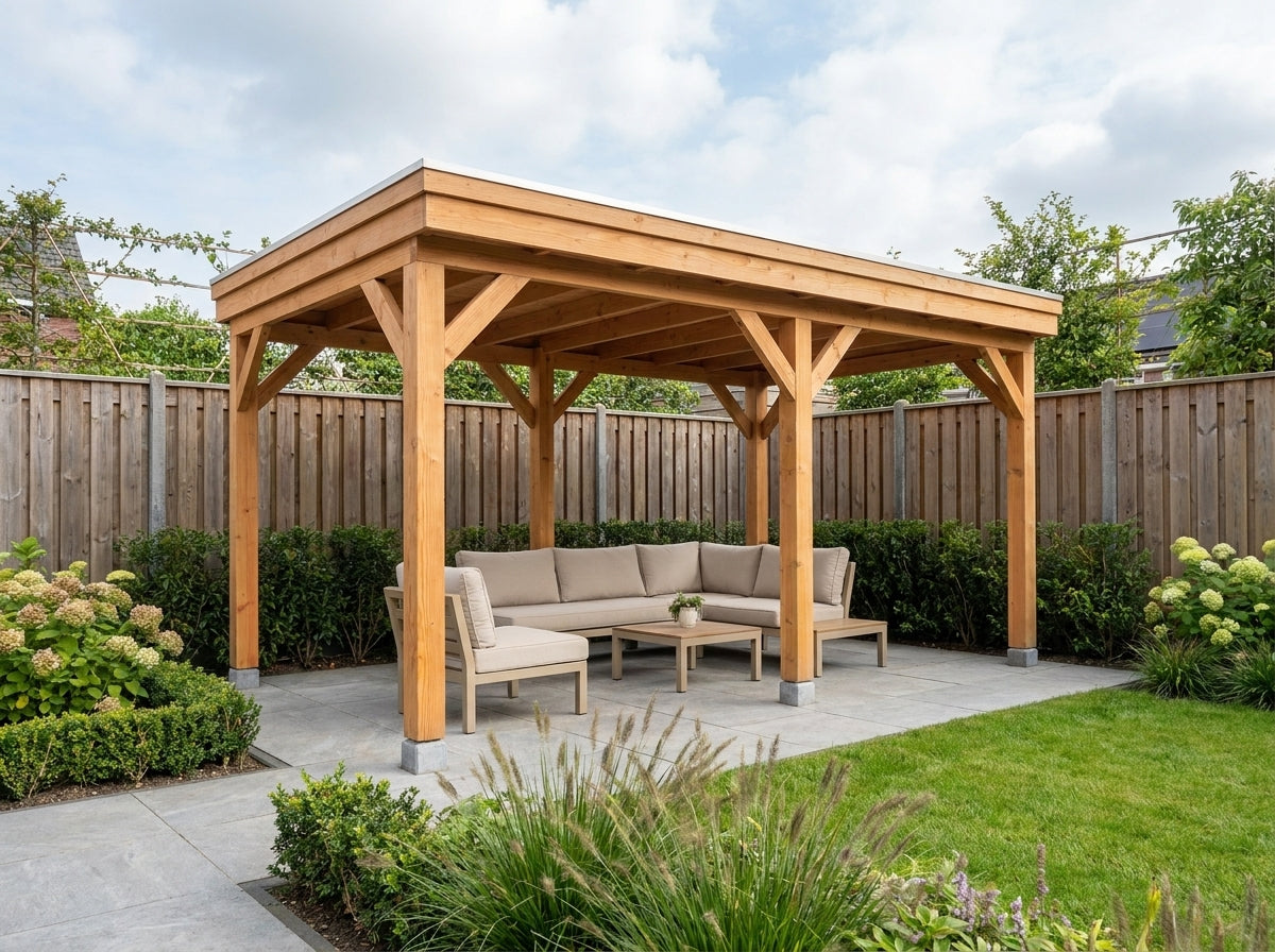 Douglas houten overkapping plat dak Grandiose YARD Outdoor 500x270 - Met Zweeds rabat wanden