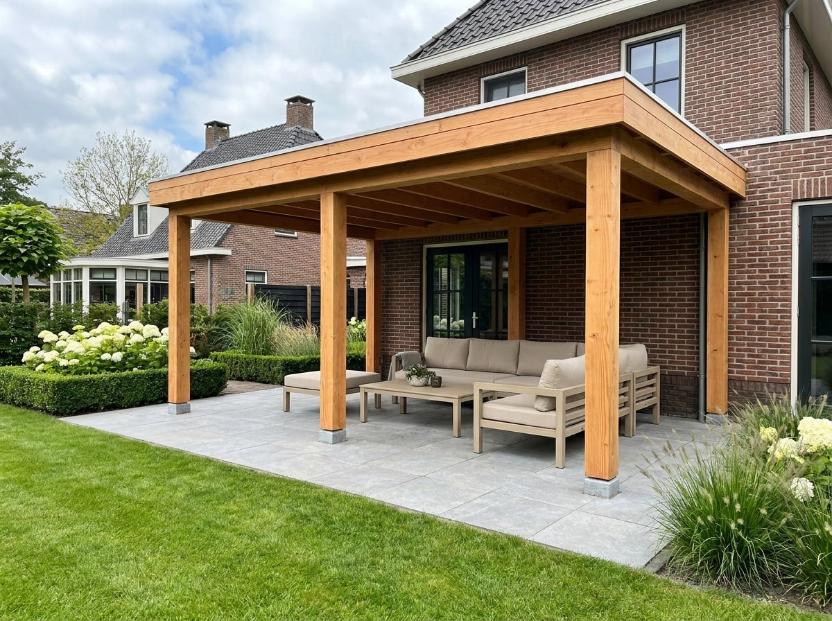 Douglas houten overkapping plat dak Grandiose YARD Outdoor 500x270
