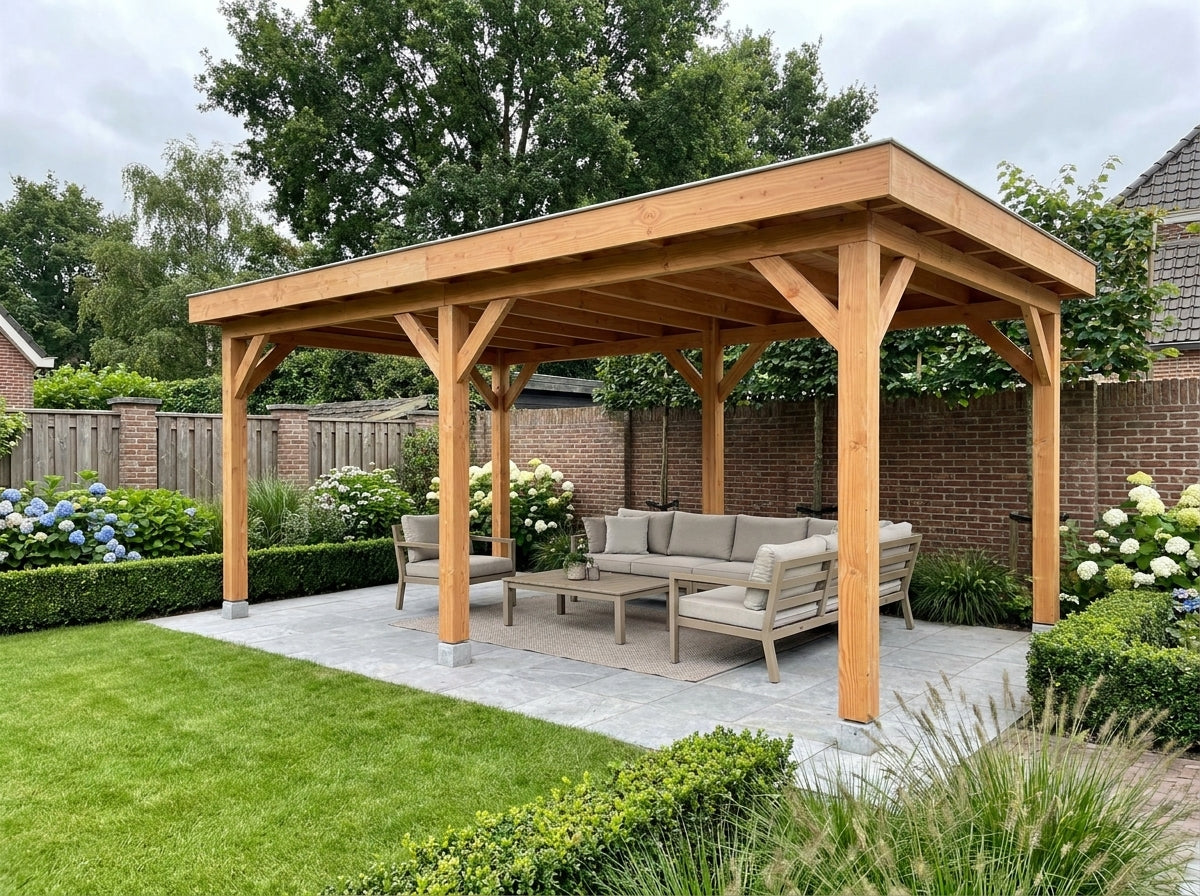 Douglas houten overkapping plat dak Grandiose YARD Outdoor 600x270
