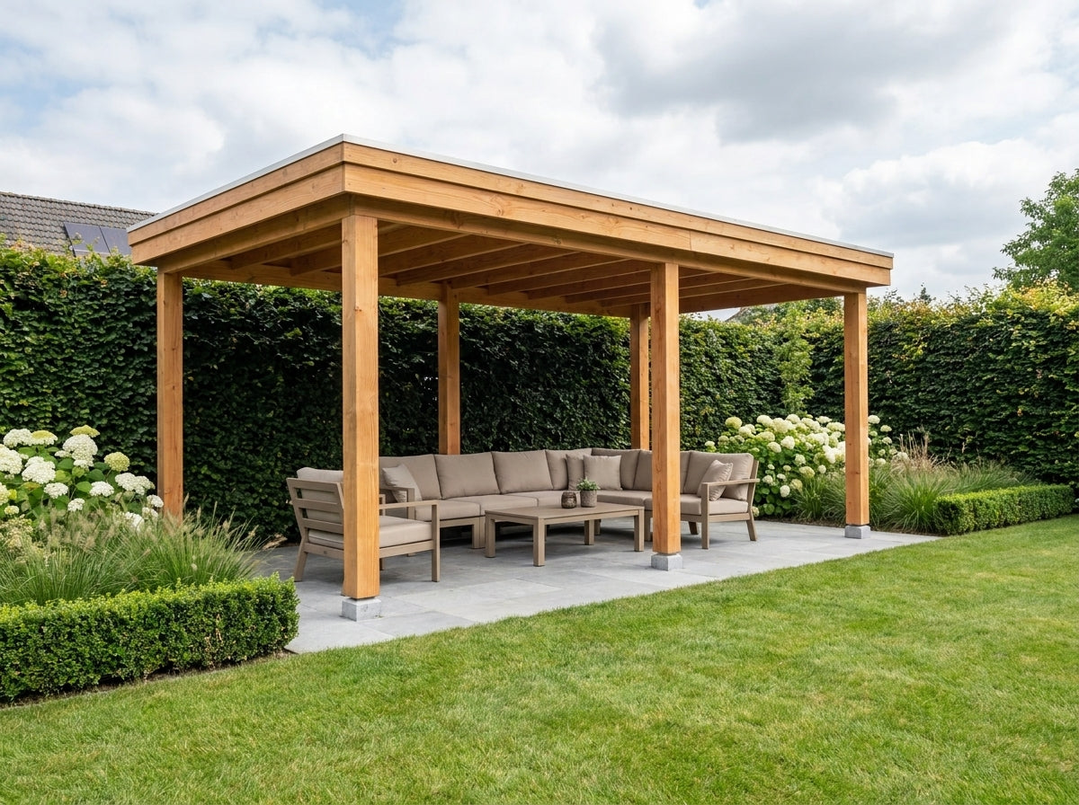 Douglas houten overkapping plat dak Grandiose YARD Outdoor 600x270