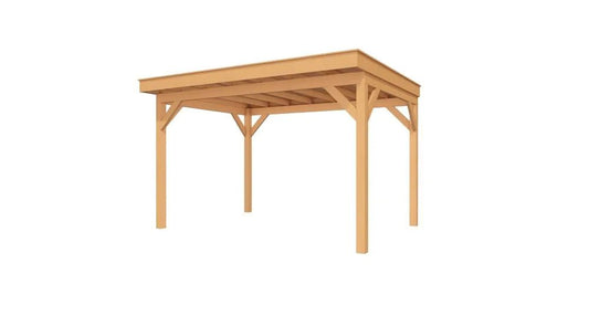 Luxe Douglas houten overkapping Grandiose 400x270 met plat dak, geplaatst in een moderne tuin – perfect als stijlvolle buitenruimte.