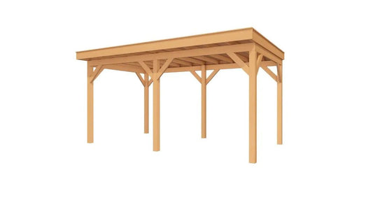 Douglas houten overkapping Grandiose 500x270 met strak plat dak, een luxe toevoeging aan een moderne buitenruimte.