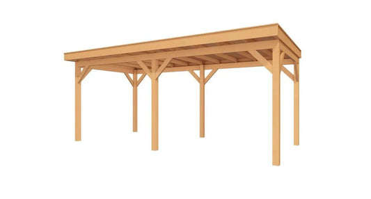 Ruime Douglas houten overkapping Grandiose 600x270 met plat dak, ideaal als tuinhuis of loungeplek in een groene tuinomgeving.