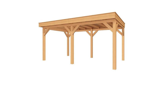 Douglas overkapping 500x300 met plat dak zonder wanden – open Sublime model van YARD Outdoor in natuurlijk douglas hout