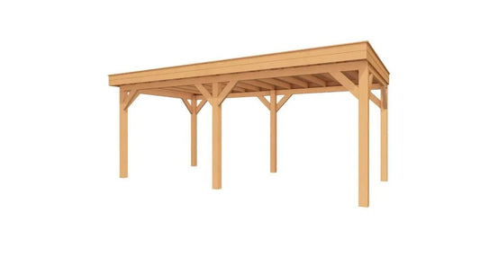 Ruime Douglas houten overkapping Sublime 600x300 met plat dak, een tijdloze en luxe toevoeging aan elke tuin.