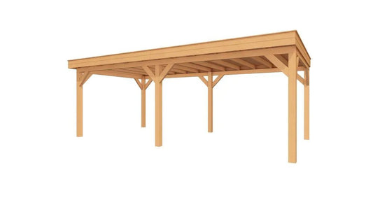 Grote Douglas houten overkapping Sublime 700x350 in een tuinsetting, ideaal als veranda of luxe buitenverblijf.