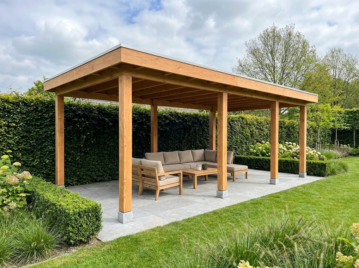 Douglas overkapping 900x400 met onbehandelde wanden en glazen schuifwanden | YARD Outdoor – schuur