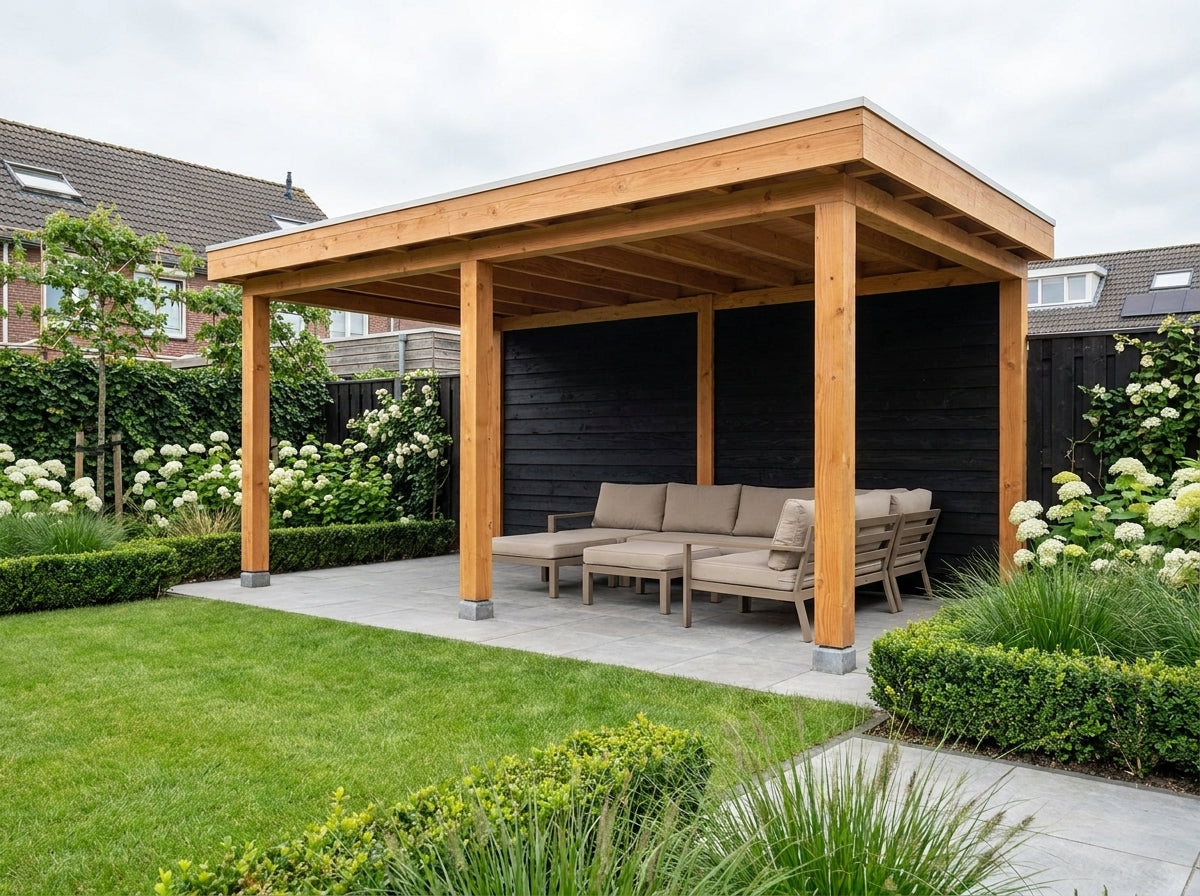 Douglas Overkapping Op Maat 460 x 270 cm met Zwarte Rabatwanden en Glazen Schuifwanden – 460x270