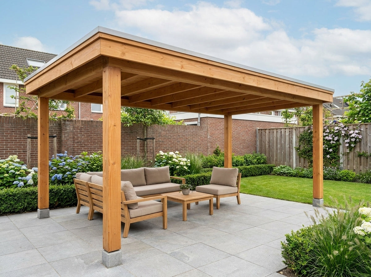 Douglas Overkapping Op Maat 460 x 270 cm met Zwarte Rabatwanden en Glazen Schuifwanden – 460x270