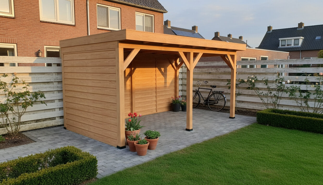 Douglas houten overkapping plat dak Grandiose YARD Outdoor 500x270 - Met Zweeds rabat wanden | productfoto