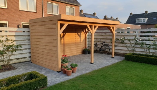 Douglas houten overkapping plat dak Grandiose YARD Outdoor 500x270 - Met Zweeds rabat wanden