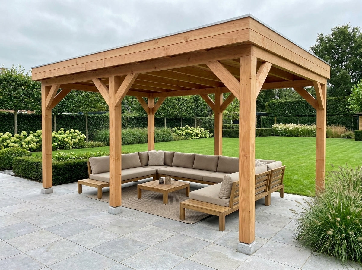 Douglas houten overkapping plat dak Sublime YARD Outdoor 500x300 – Met Zweeds rabatwanden