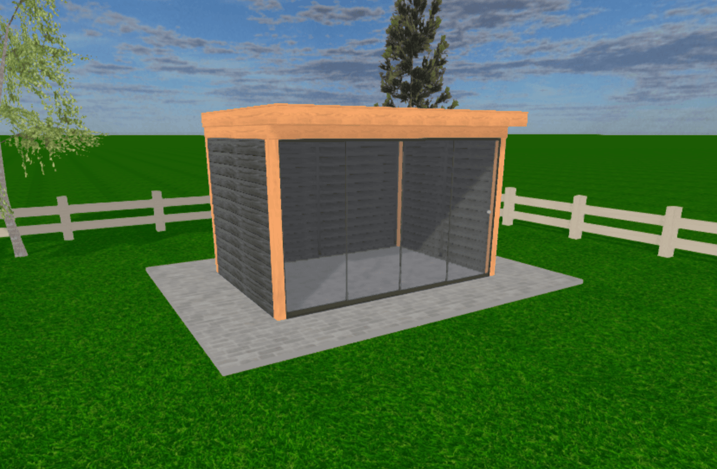Douglas tuinkamer met glazen schuifwanden en plat dak 360 x 250 cm