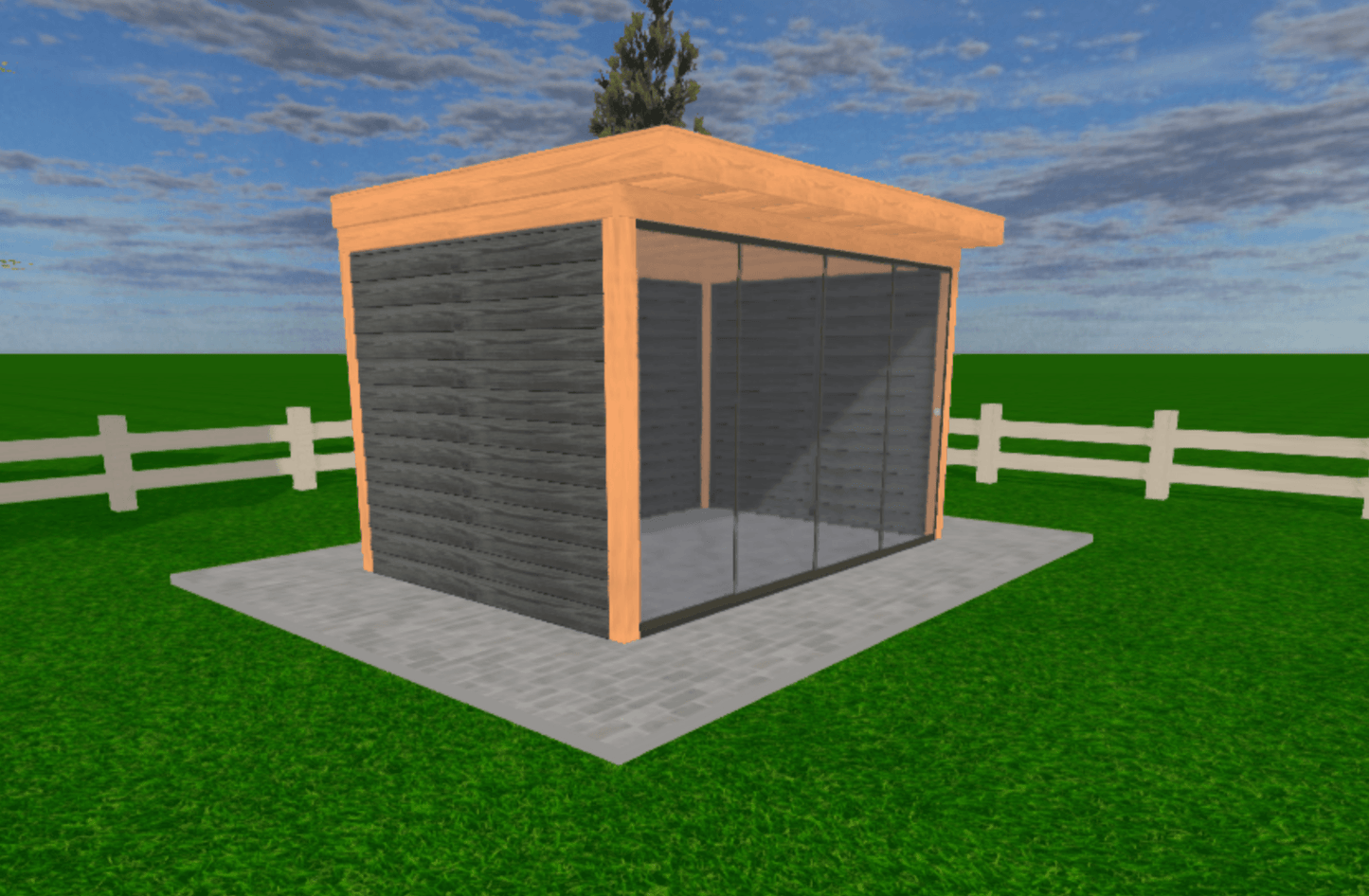 Douglas tuinkamer met glazen schuifwanden en plat dak 360 x 250 cm