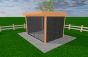 Douglas tuinkamer met glazen schuifwanden en plat dak 360 x 250 cm