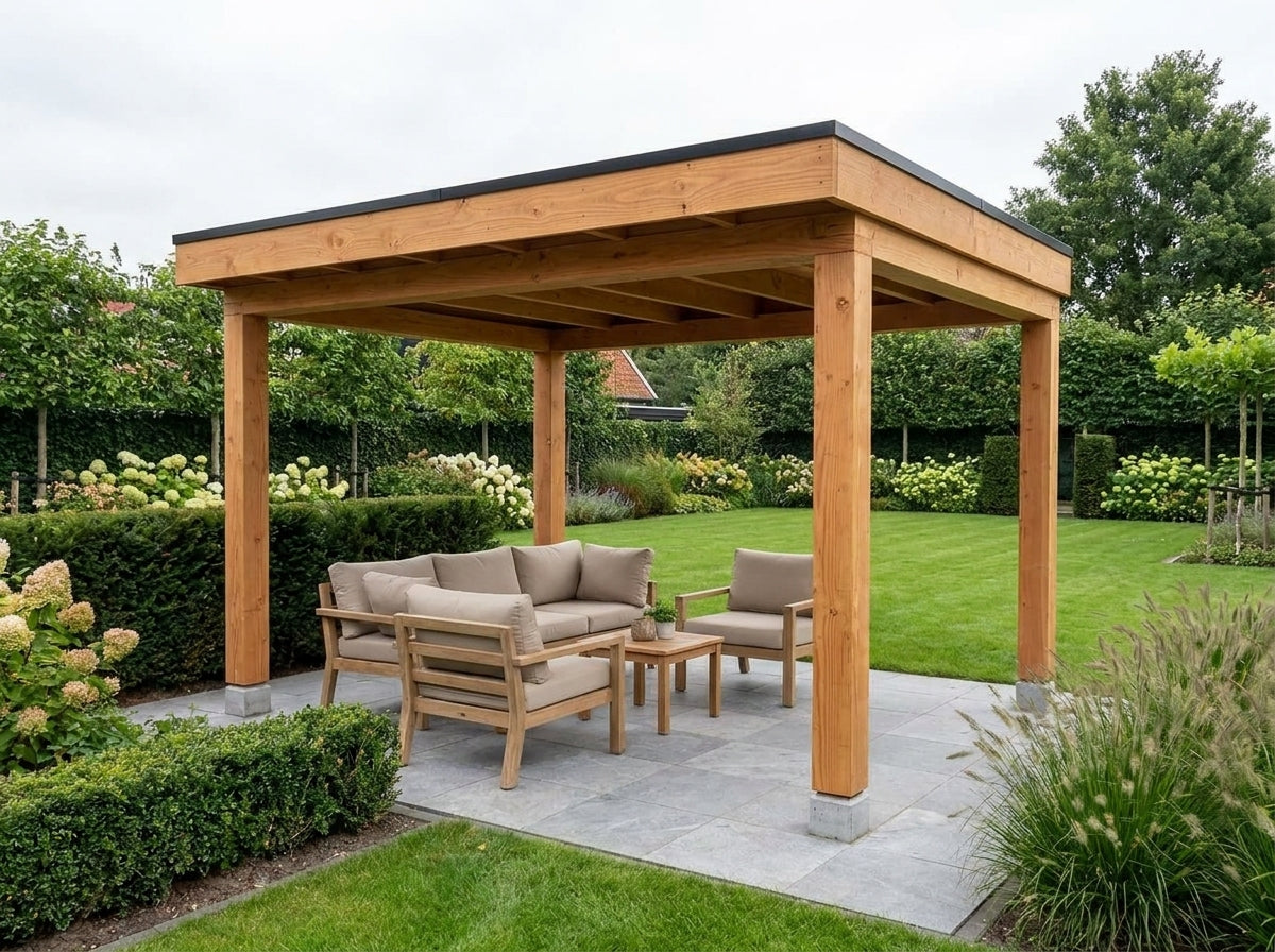 Douglas tuinkamer met glazen schuifwanden en plat dak 360 x 250 cm – 360x250 | sfeerfoto