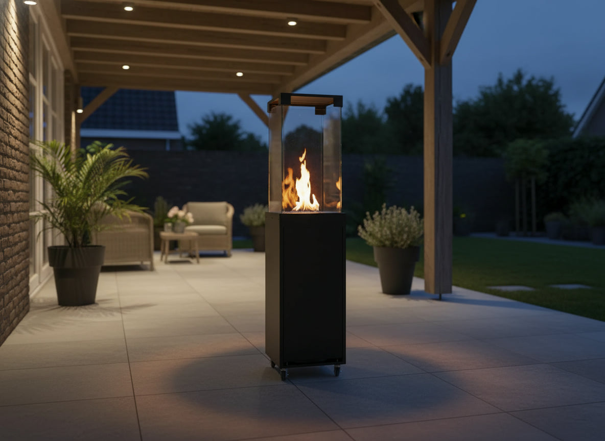 Faro gashaard geplaatst onder een overkapping in een Nederlandse tuin bij avond