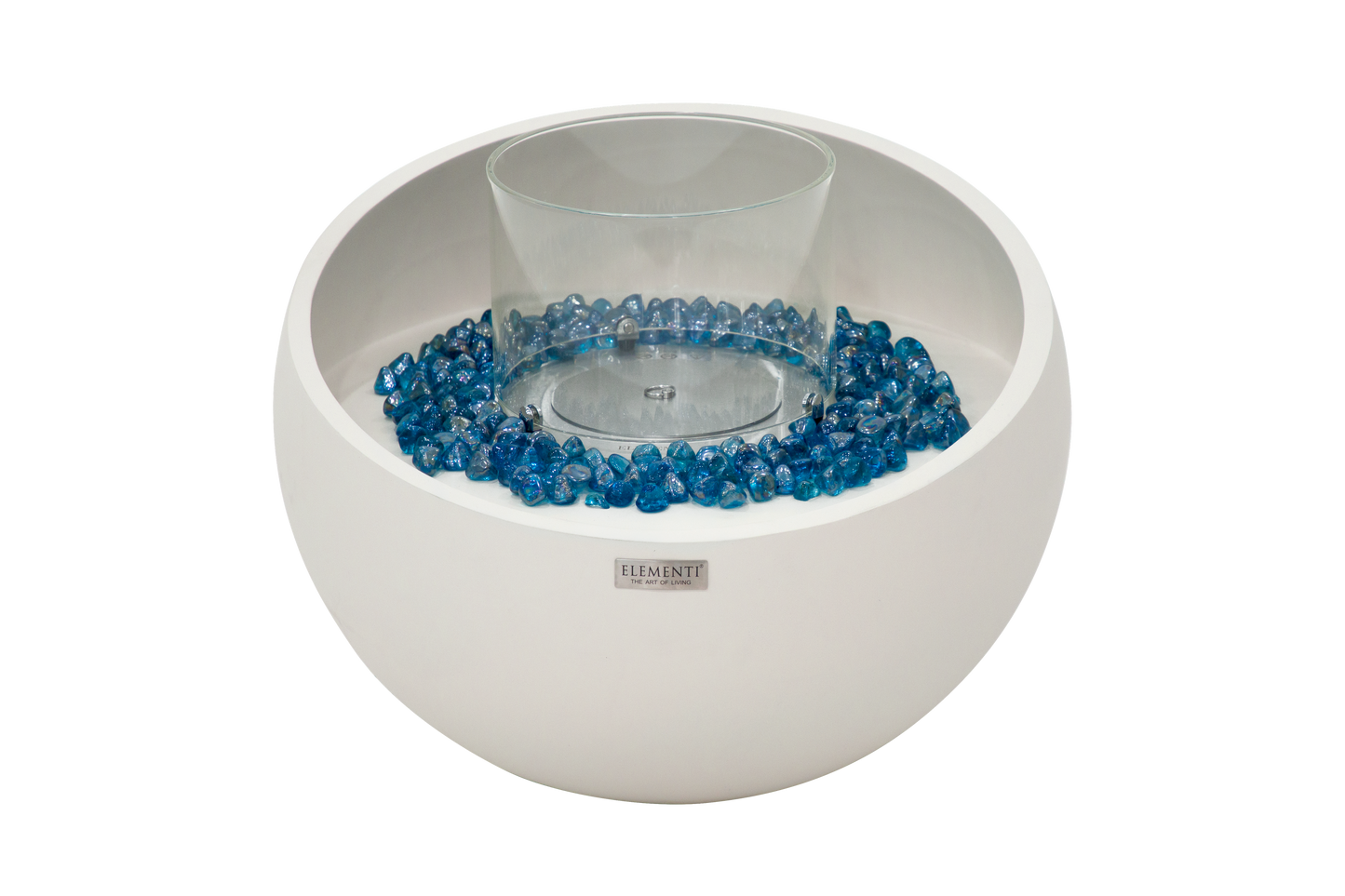 Elementi Firenze Cream White bio-ethanol vuurschaal met blauw decoratief glas