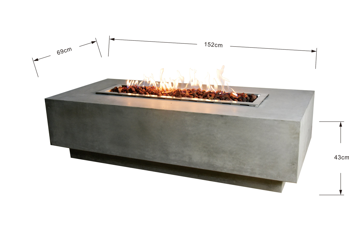 Afmetingen van de Elementi Granville Light Grey vuurtafel: 152 x 69 x 43 cm