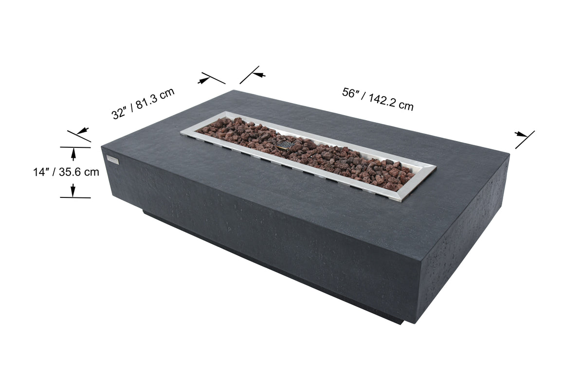 Abmessungen des Elementi Hampton Dark Grey Feuertischs: 142,2 × 81,3 × 35,6 cm