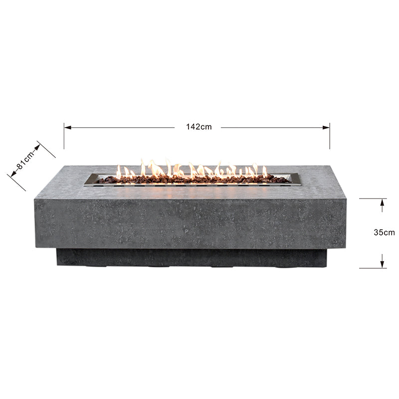Abmessungen des Elementi Hampton Light Grey Feuertischs: 142,2 × 81,3 × 35,6 cm