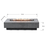 Abmessungen des Elementi Hampton Light Grey Feuertischs: 142,2 × 81,3 × 35,6 cm