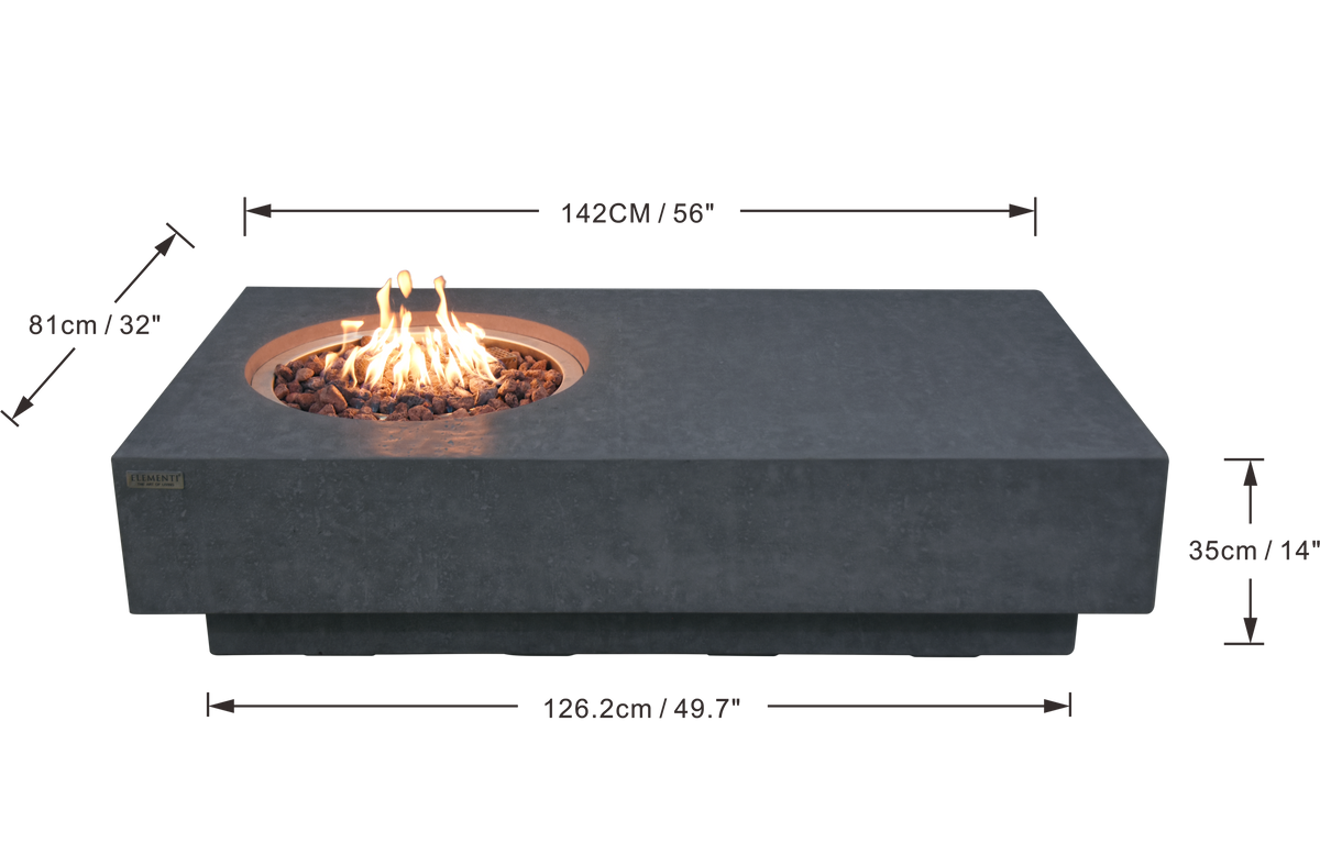 Abmessungen des Elementi Metropolis Dark Grey Feuertischs: 142,2 × 81,3 × 35,6 cm