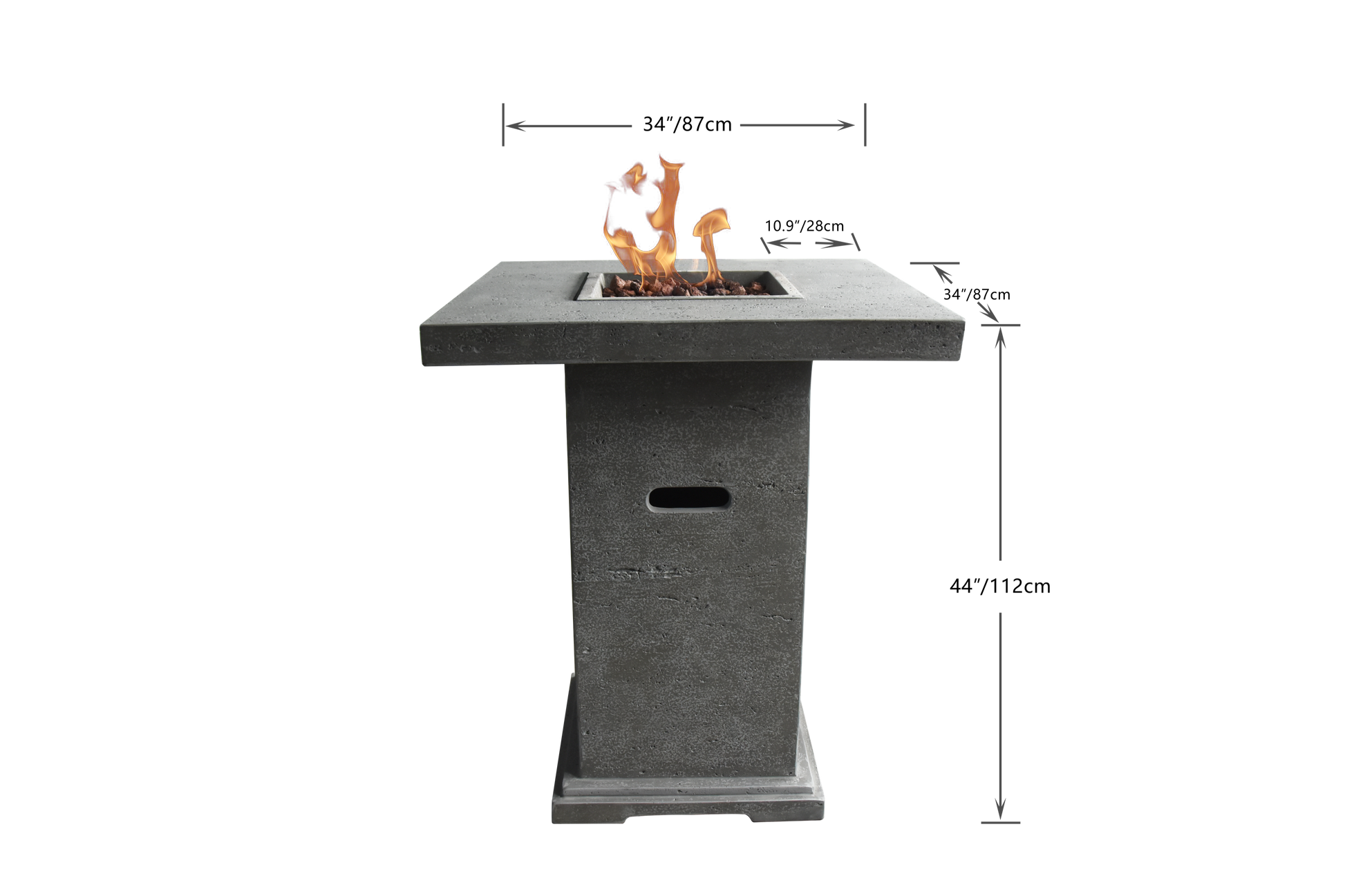 Afmetingen van de Elementi Montreal Light Grey vuurtafel: 87 x 87 x 106 cm