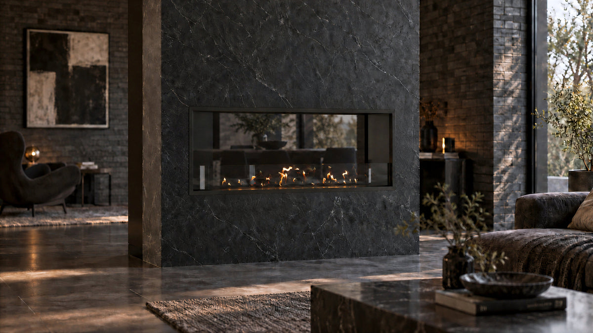 Wild Flame Fame bio-ethanol doorkijkhaard enkel volle glas 120 cm – sfeerfoto