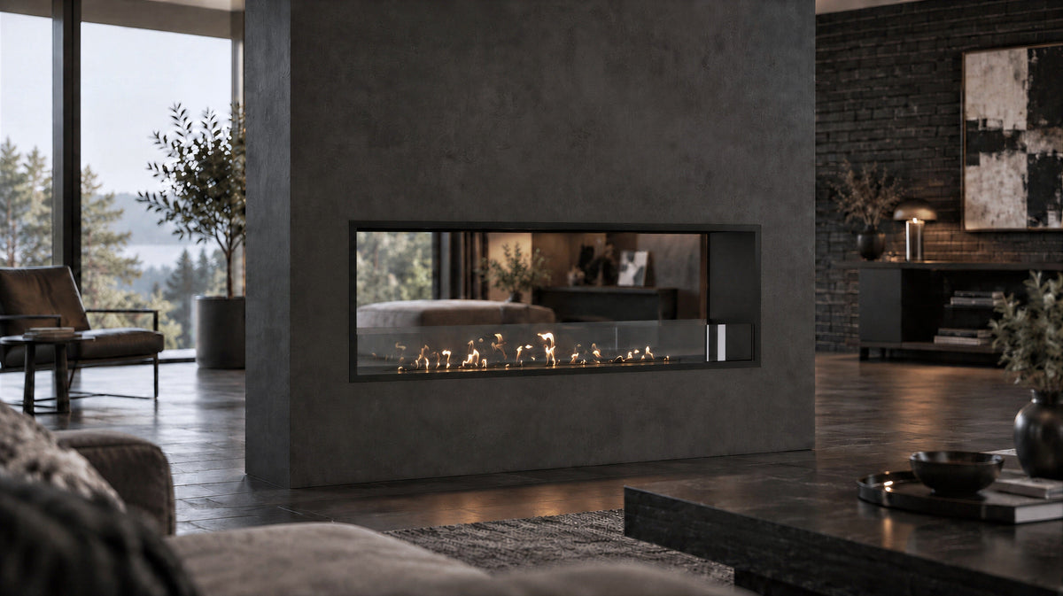 Wild Flame Fame bio-ethanol doorkijkhaard enkel volle glas 140 cm – sfeerfoto