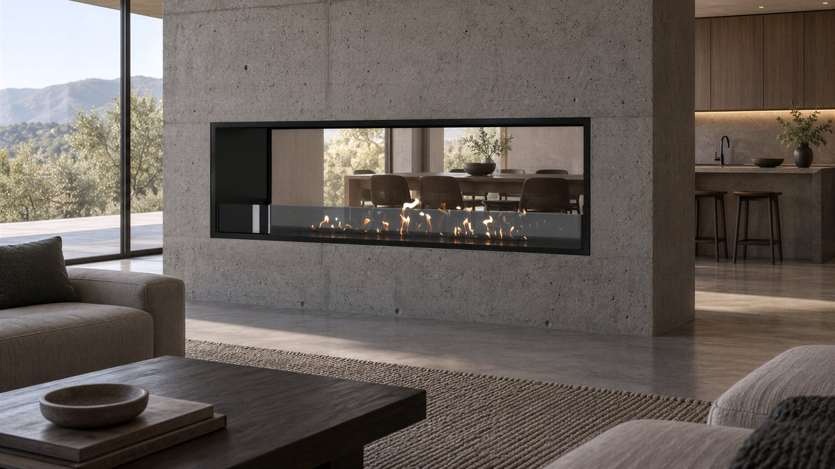 Wild Flame Fame bio-ethanol doorkijkhaard enkel volle glas 160 cm – sfeerfoto