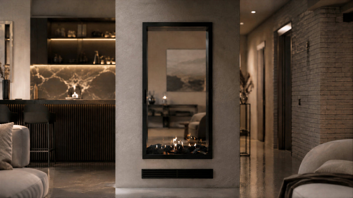 Wild Flame Fame verticale bio-ethanol doorkijkhaard met volle glas 100 x 100 cm – sfeerfoto