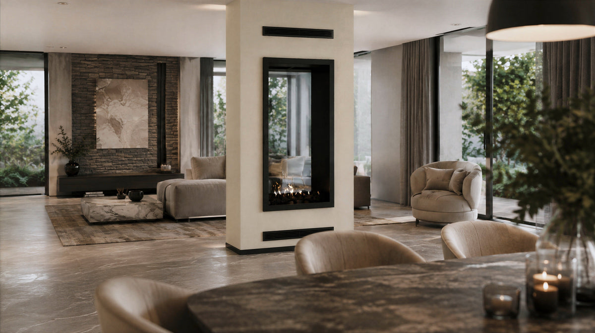 Wild Flame Fame verticale bio-ethanol doorkijkhaard met volle glas 100 x 120 cm – sfeerfoto