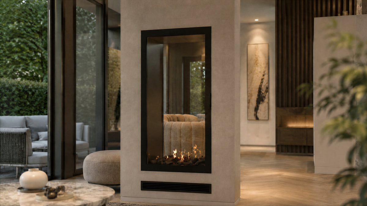 Wild Flame Fame verticale bio-ethanol doorkijkhaard met volle glas 100 x 140 cm – sfeerfoto