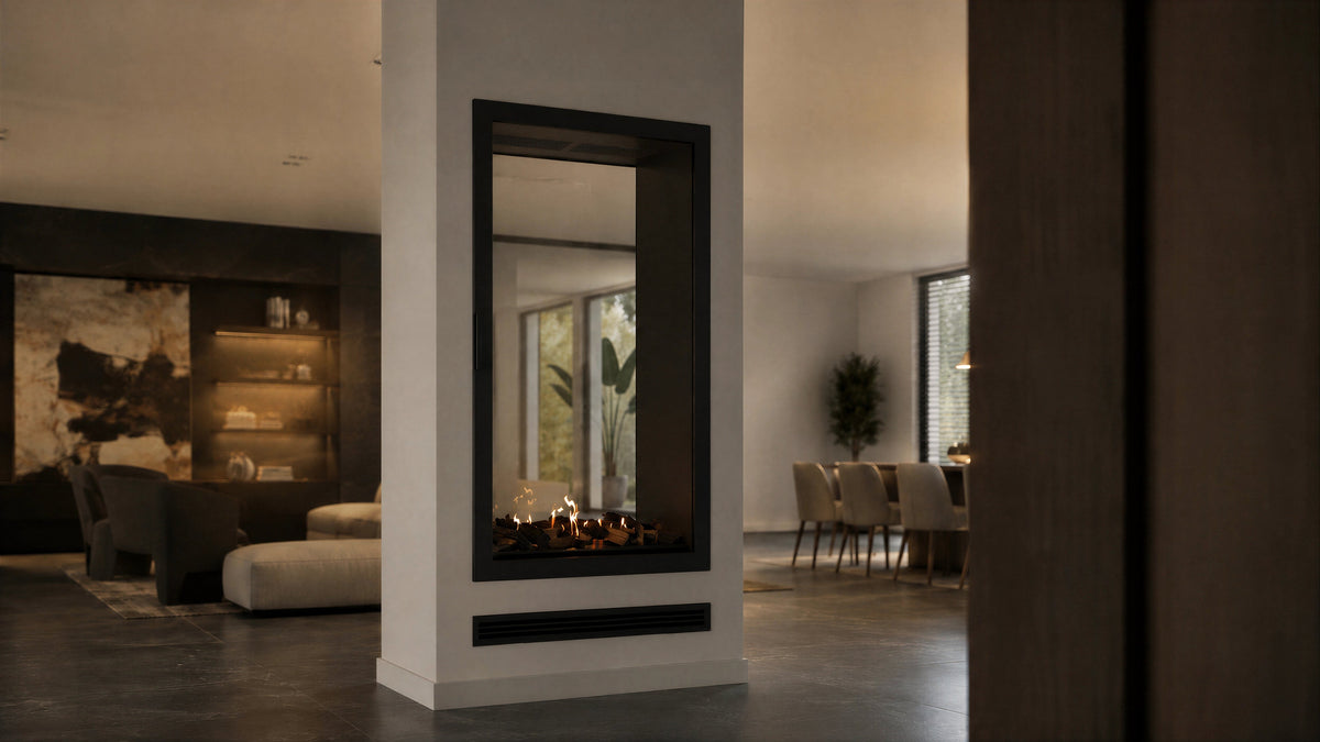Wild Flame Fame verticale bio-ethanol doorkijkhaard met volle glas 100 x 160 cm – sfeerfoto