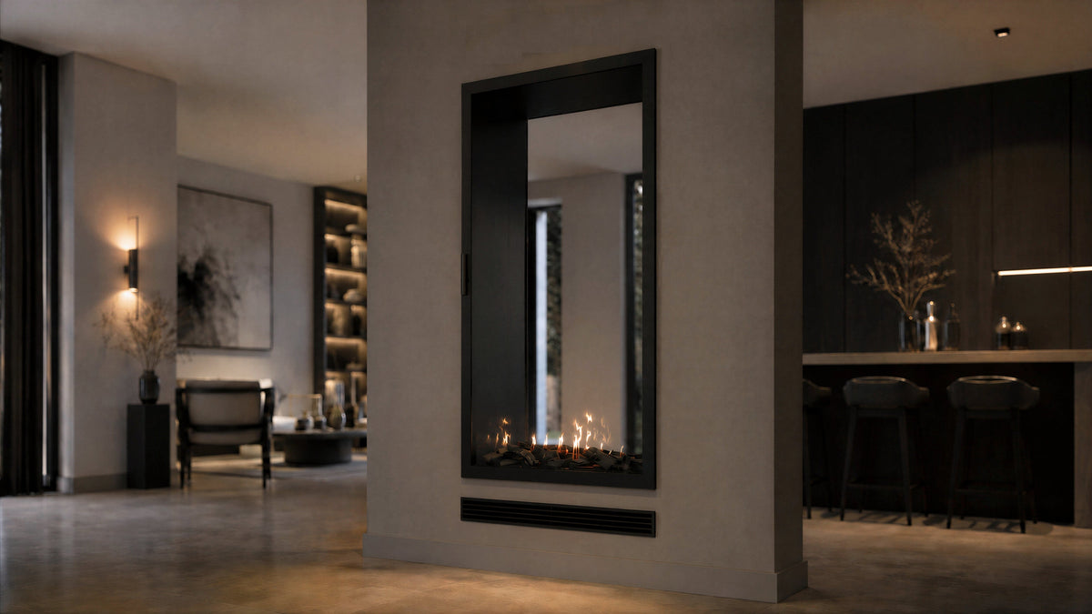 Wild Flame Fame verticale bio-ethanol doorkijkhaard met volle glas 100 x 180 cm – sfeerfoto