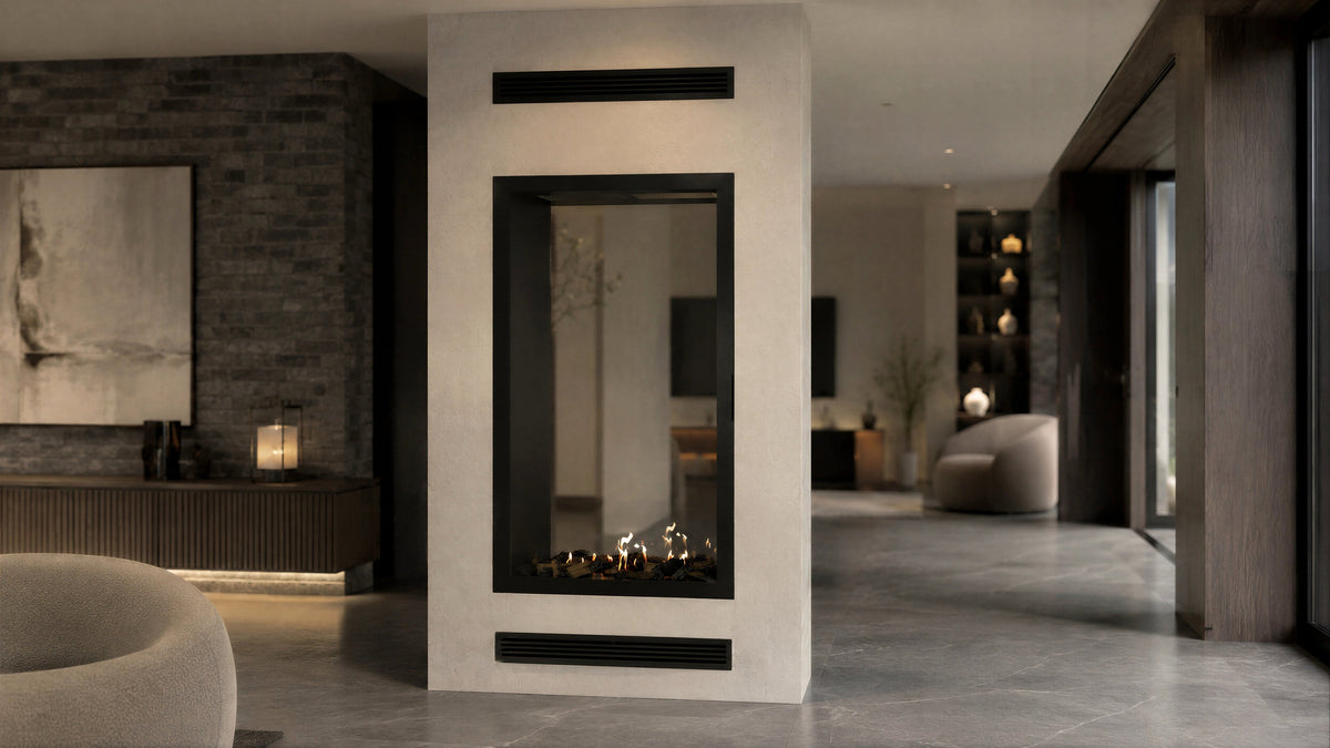 Wild Flame Fame verticale bio-ethanol doorkijkhaard met volle glas 100 x 200 cm – sfeerfoto